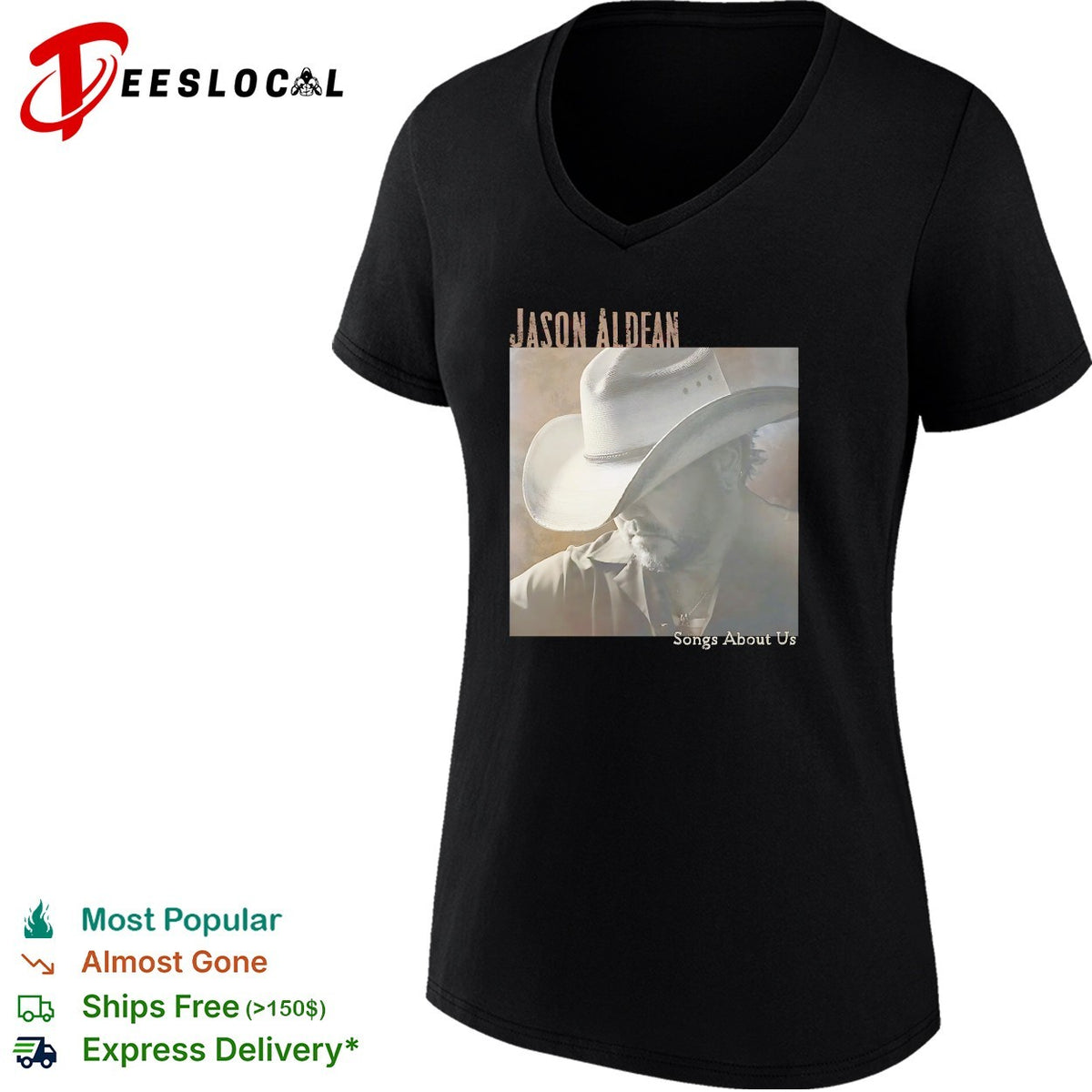 Jason Aldean wearing cowboy hat Songs About Us album cover shirt