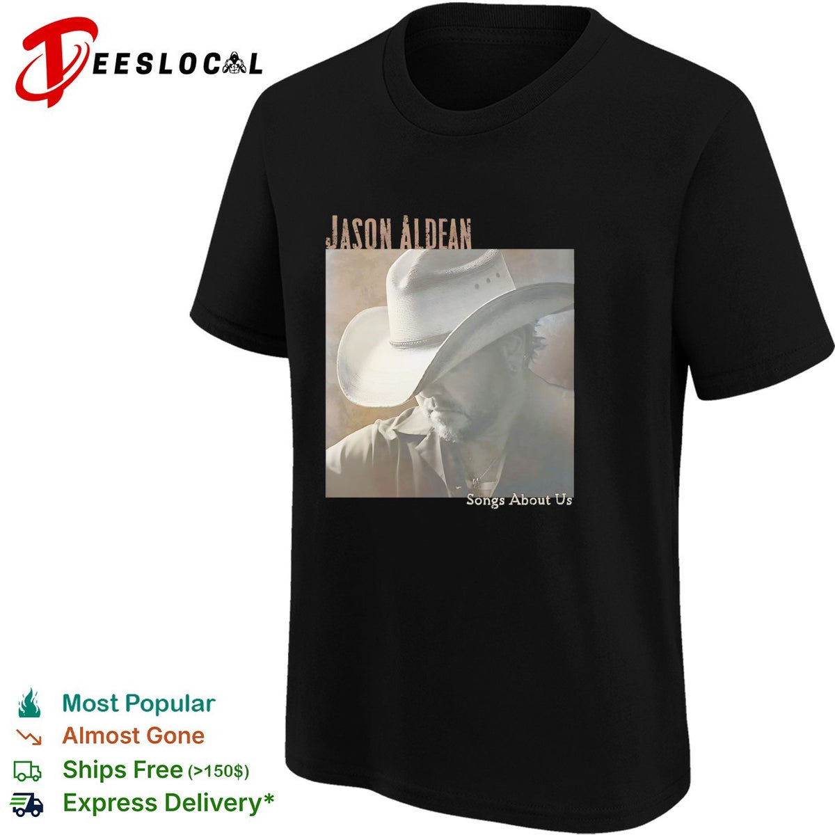 Jason Aldean wearing cowboy hat Songs About Us album cover shirt