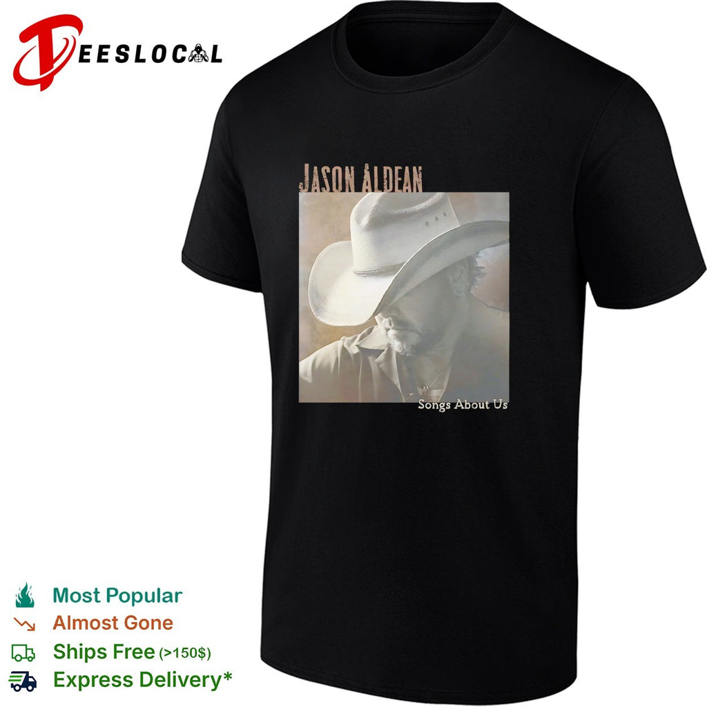 Jason Aldean wearing cowboy hat Songs About Us album cover shirt