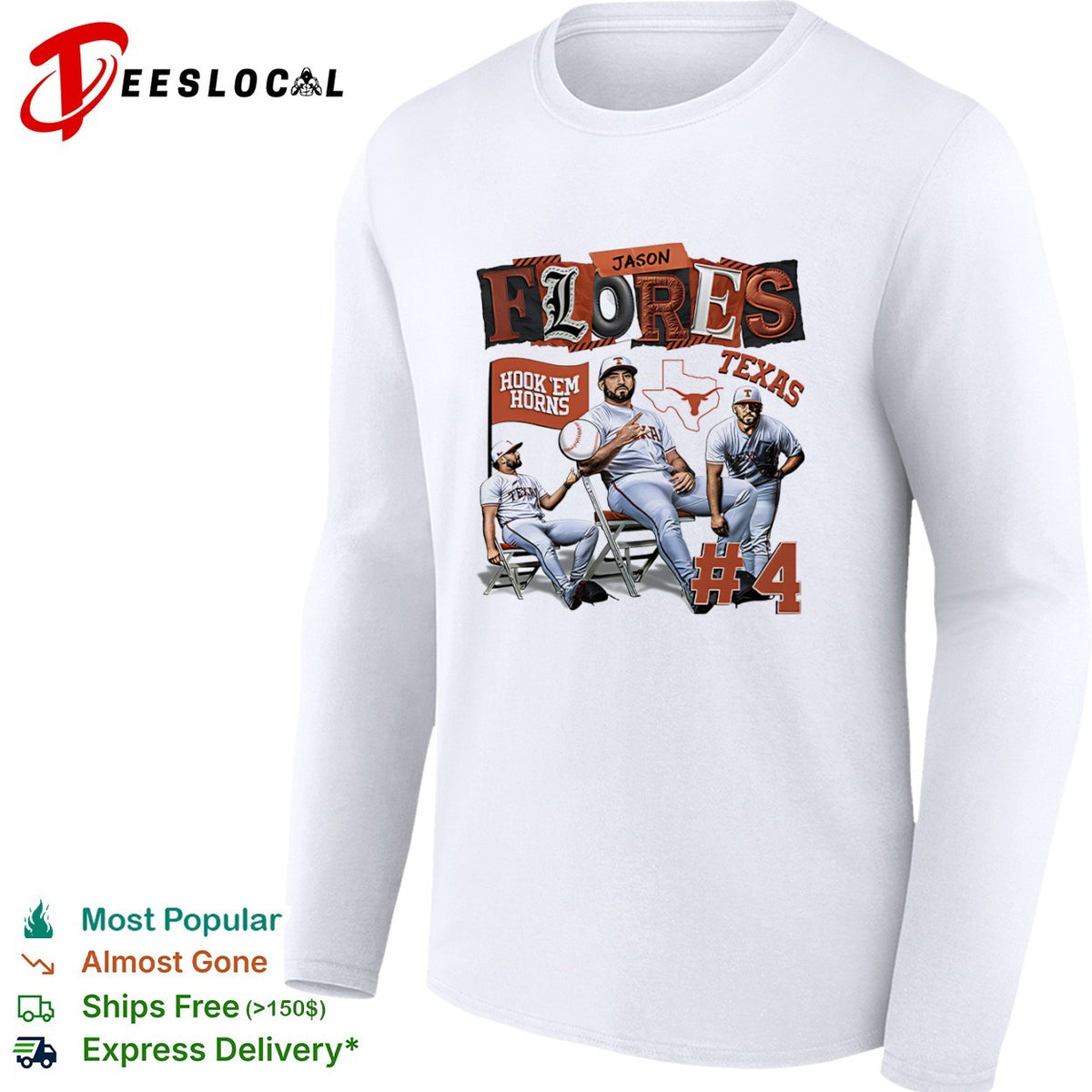 Jason Flores 4 Texas Longhorns Hook Em Horns baseball shirt