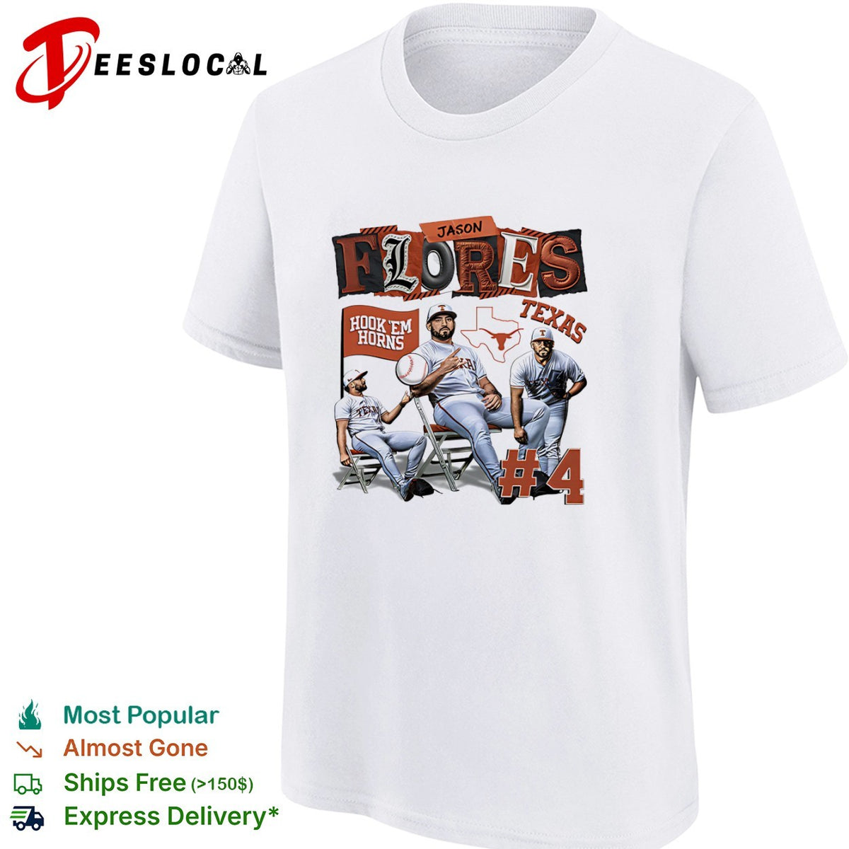 Jason Flores 4 Texas Longhorns Hook Em Horns baseball shirt