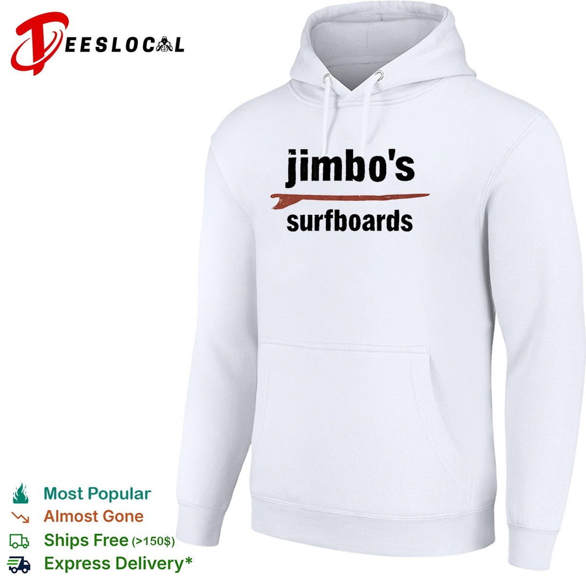 Jimbo’s surfboards red surfboard minimalist text white shirt
