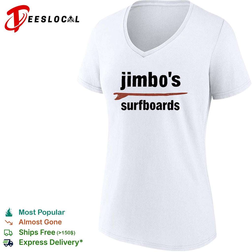 Jimbo’s surfboards red surfboard minimalist text white shirt