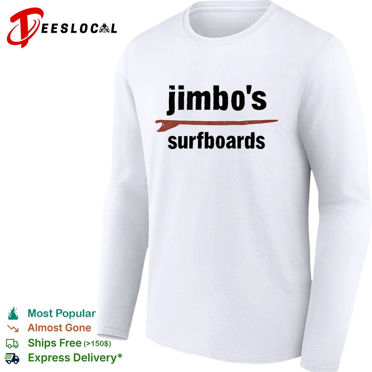 Jimbo’s surfboards red surfboard minimalist text white shirt