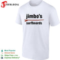 Jimbo’s surfboards red surfboard minimalist text white shirt
