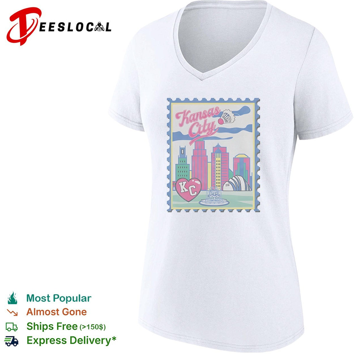 Kansas City Heart KC Badminton Shuttlecock Skyline City Landmarks Postage Stamp shirt