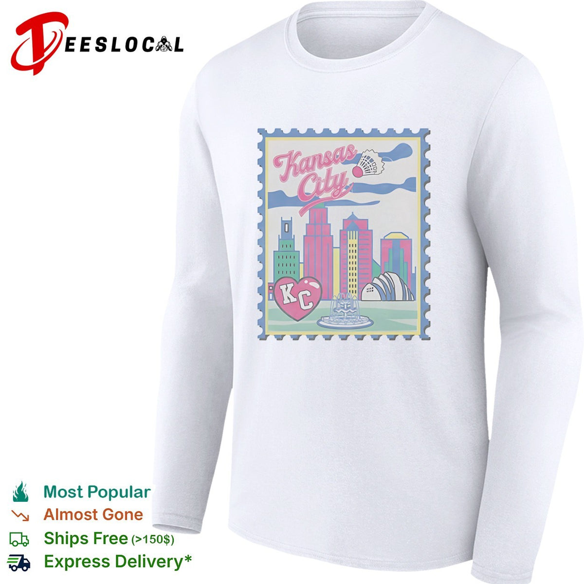 Kansas City Heart KC Badminton Shuttlecock Skyline City Landmarks Postage Stamp shirt