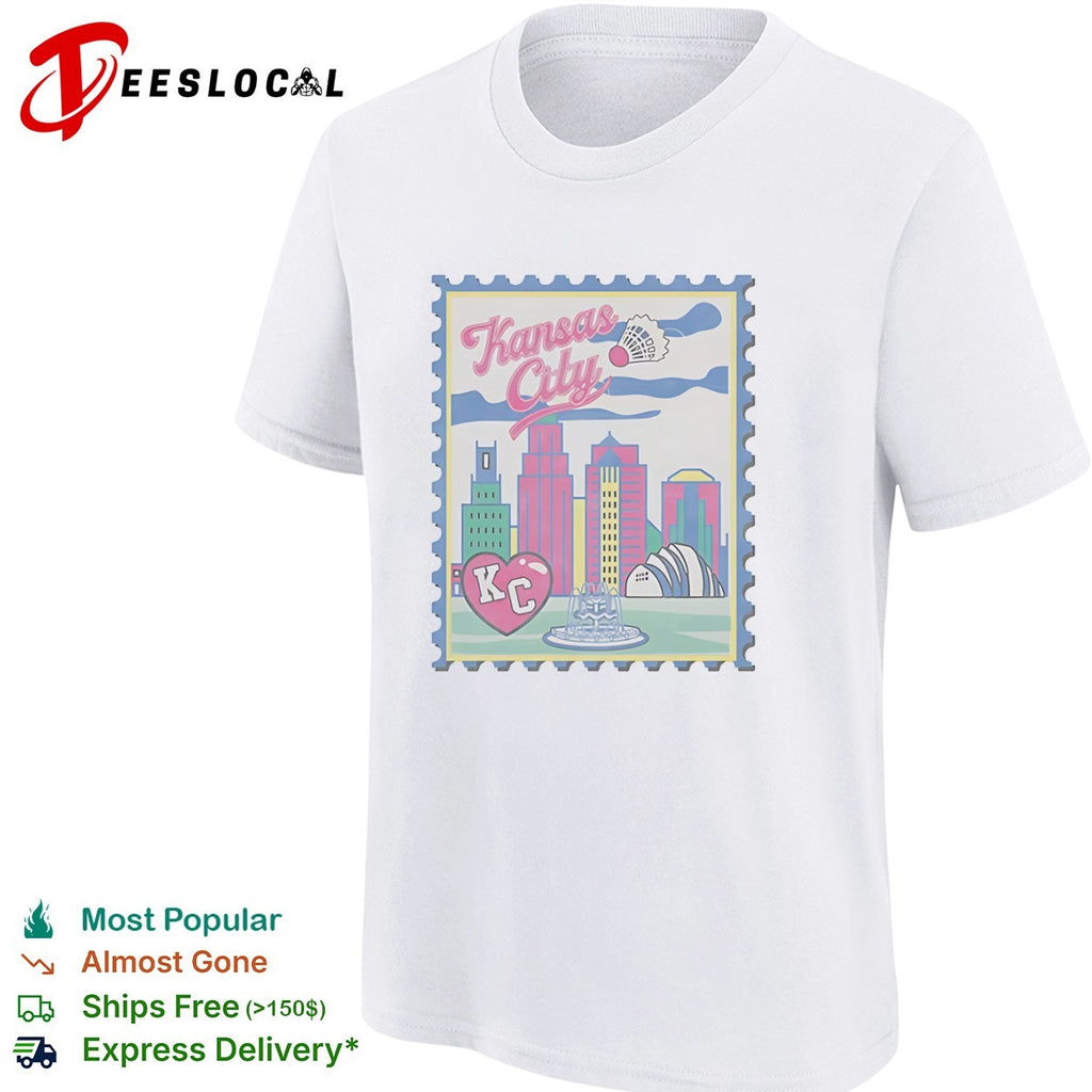Kansas City Heart KC Badminton Shuttlecock Skyline City Landmarks Postage Stamp shirt