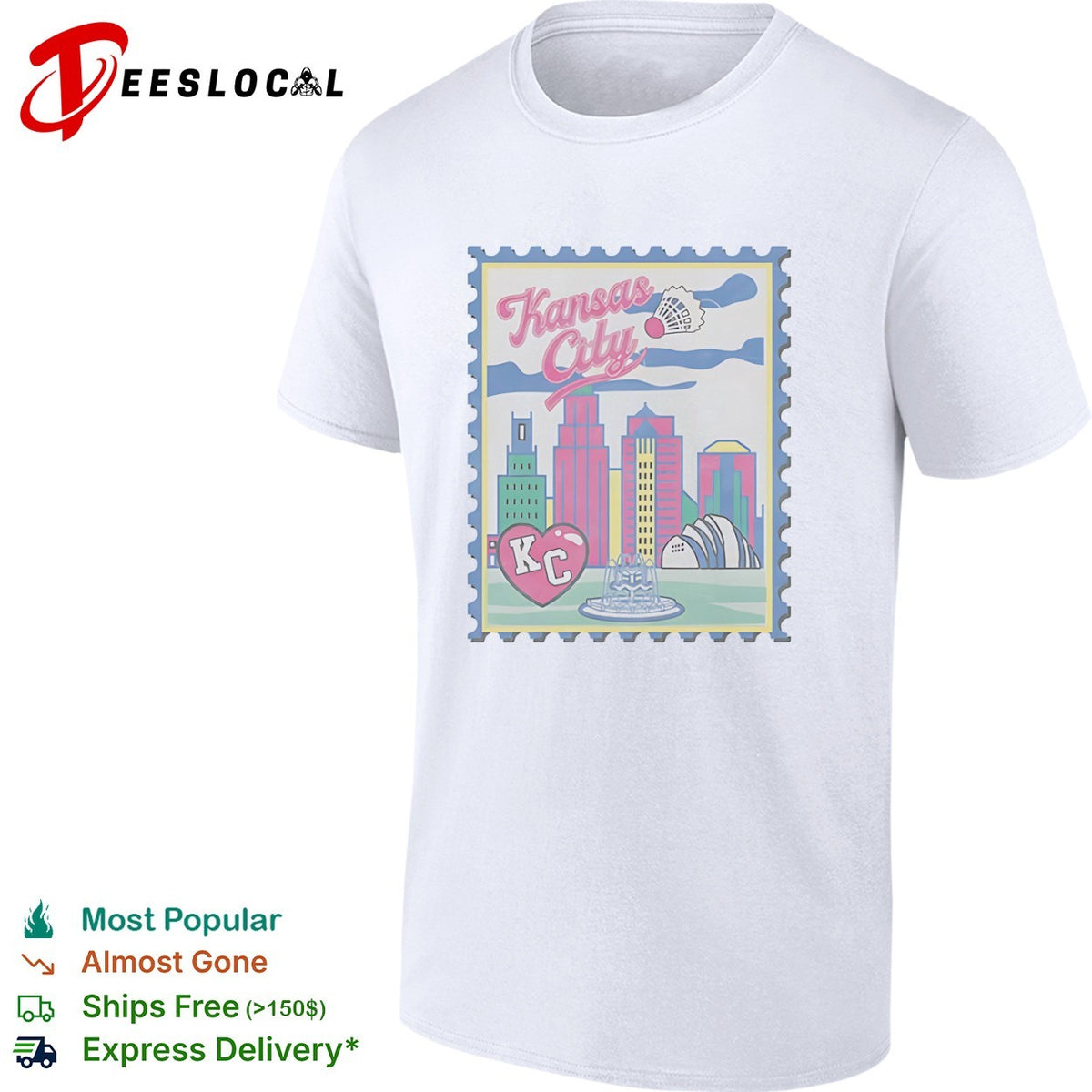 Kansas City Heart KC Badminton Shuttlecock Skyline City Landmarks Postage Stamp shirt
