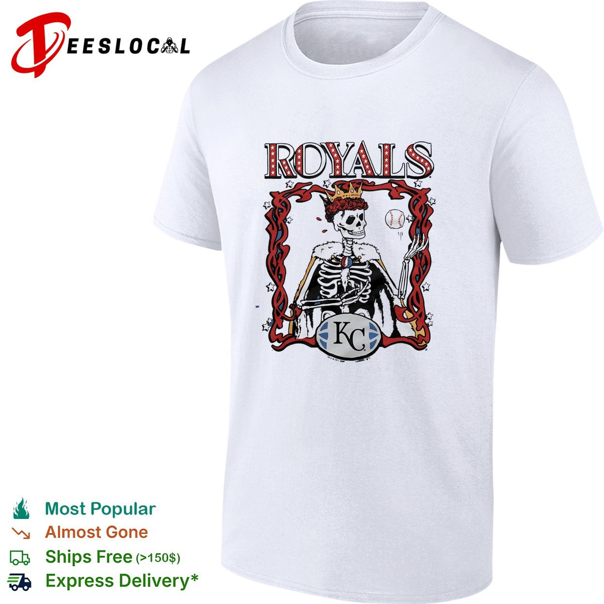 Kansas City Royals x Grateful Dead skeleton king crown MLB graphic shirt