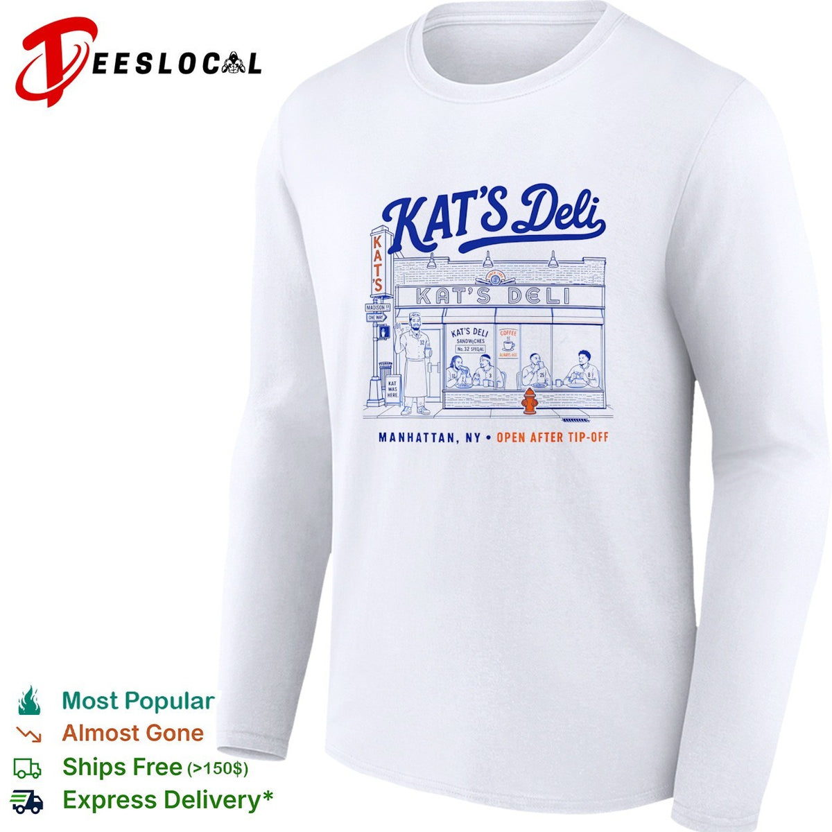 Kat’s Deli Manhattan NY open after tip-off street storefront illustration shirt