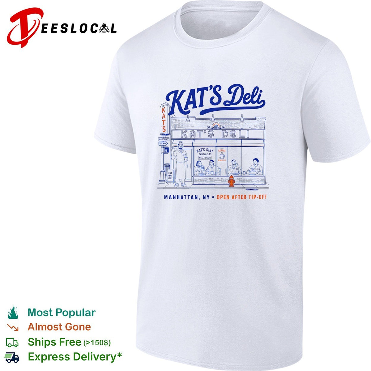 Kat’s Deli Manhattan NY open after tip-off street storefront illustration shirt