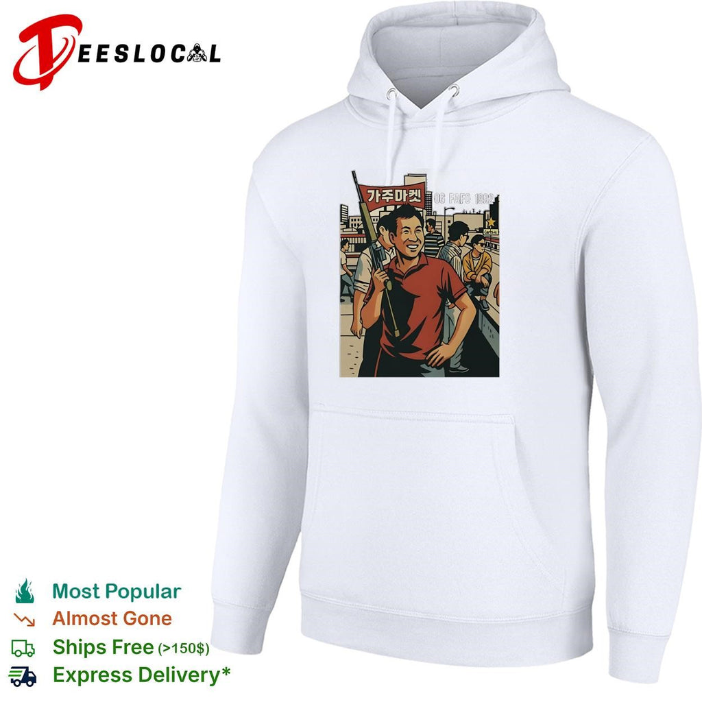 Korean American street scene man with rifle urban graphic art shirt