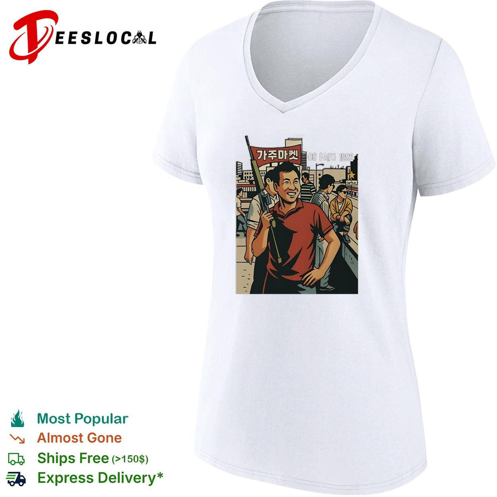 Korean American street scene man with rifle urban graphic art shirt