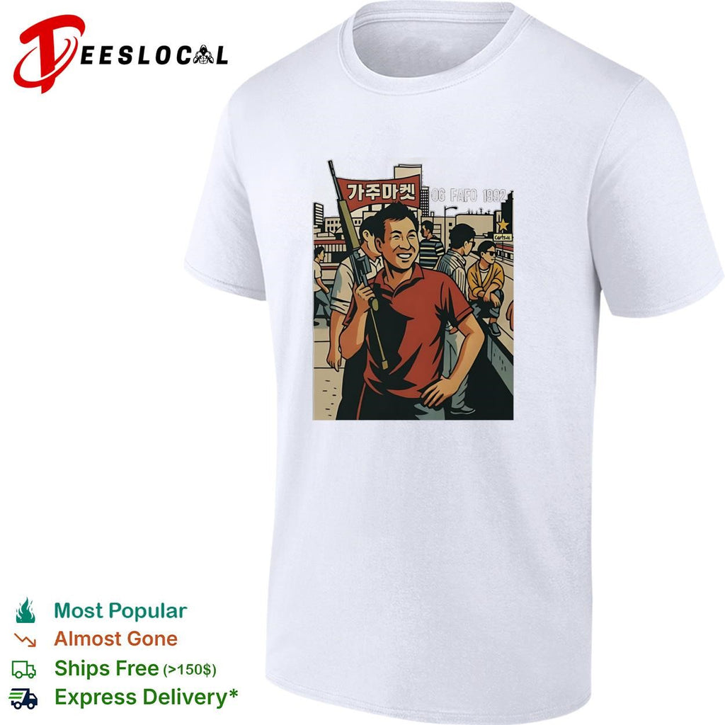 Korean American street scene man with rifle urban graphic art shirt