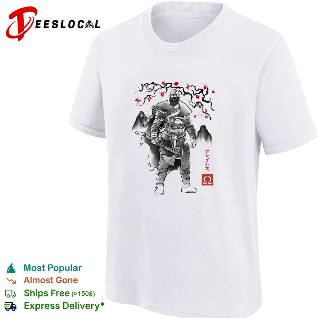 Kratos God of War Japanese sumi-e ink cherry blossom art shirt