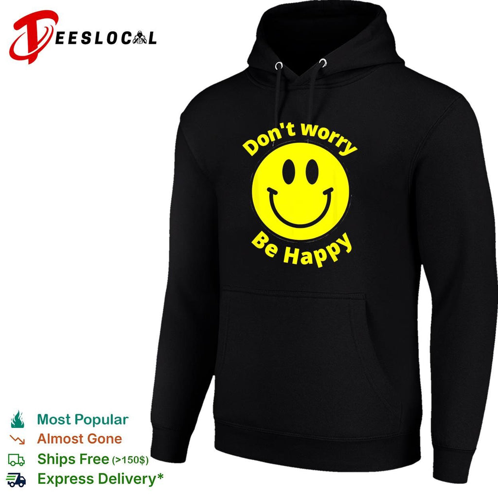 Don’t worry be happy yellow smiley face bold black lettering graphic shirt