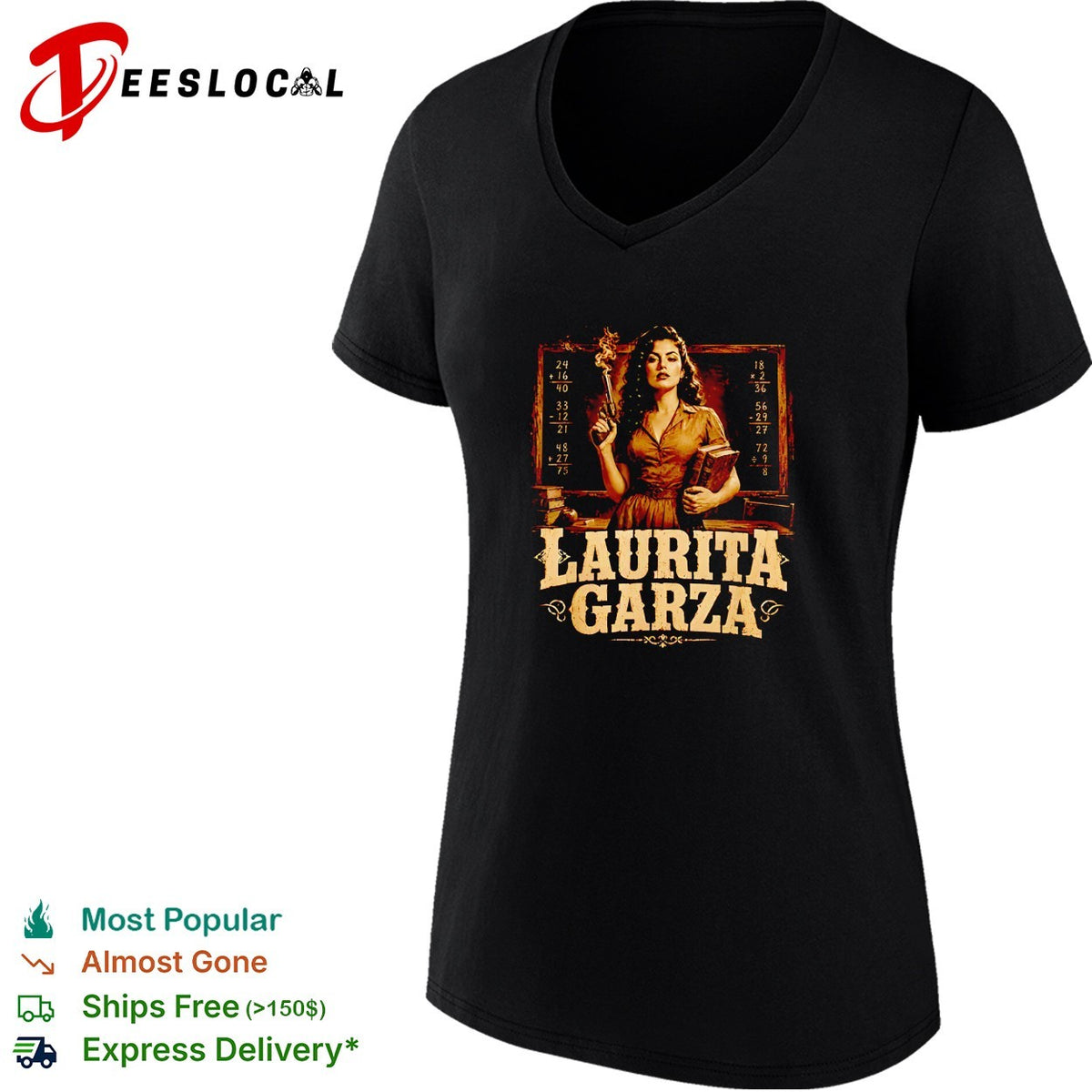 Laurita Garza teacher school chalkboard math pistol firearm western corrido shirt