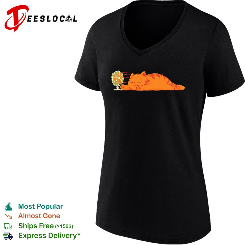 Lazy orange cat sleeping next to fan summer heat humor shirt
