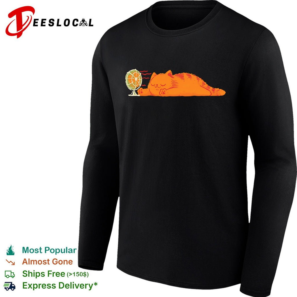 Lazy orange cat sleeping next to fan summer heat humor shirt
