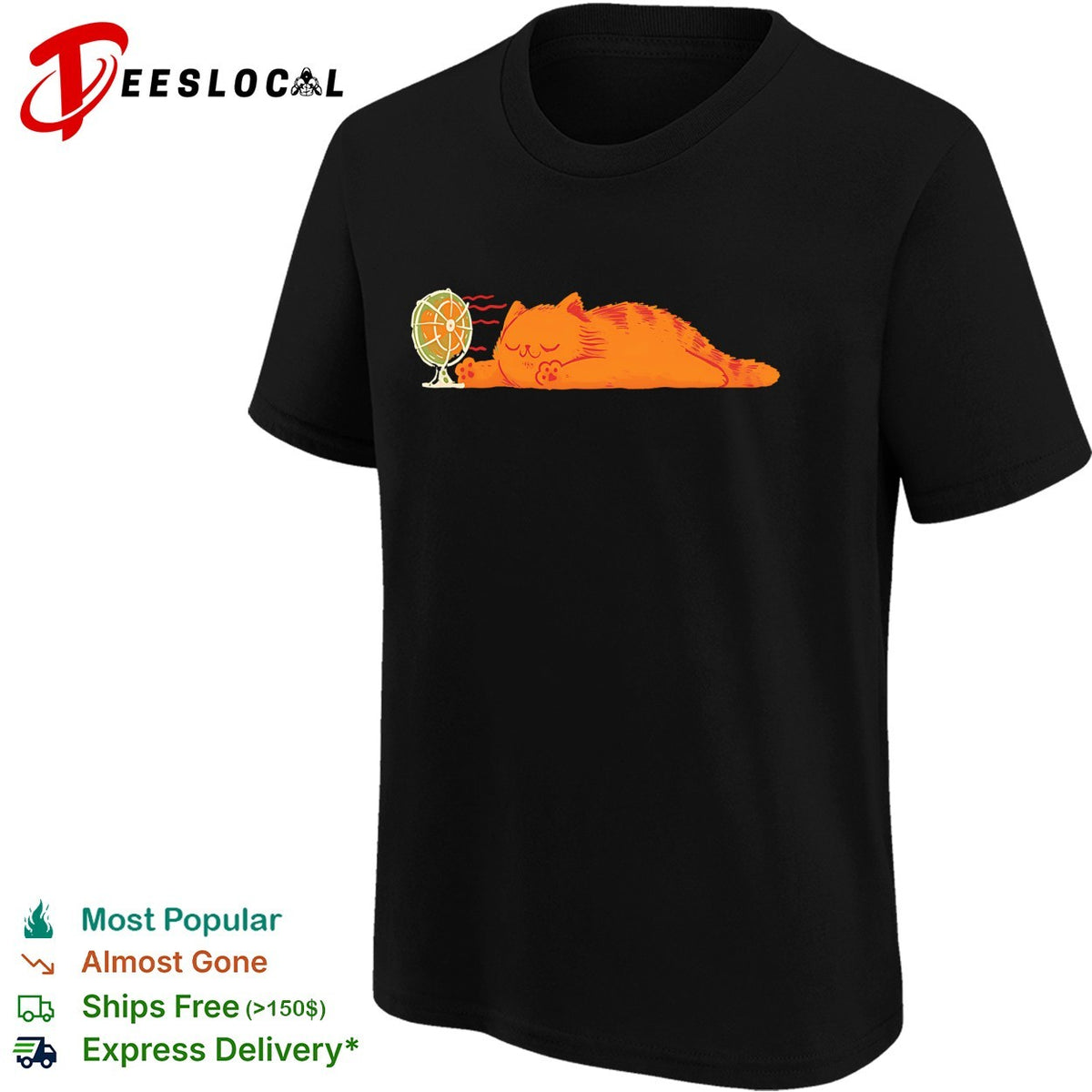 Lazy orange cat sleeping next to fan summer heat humor shirt