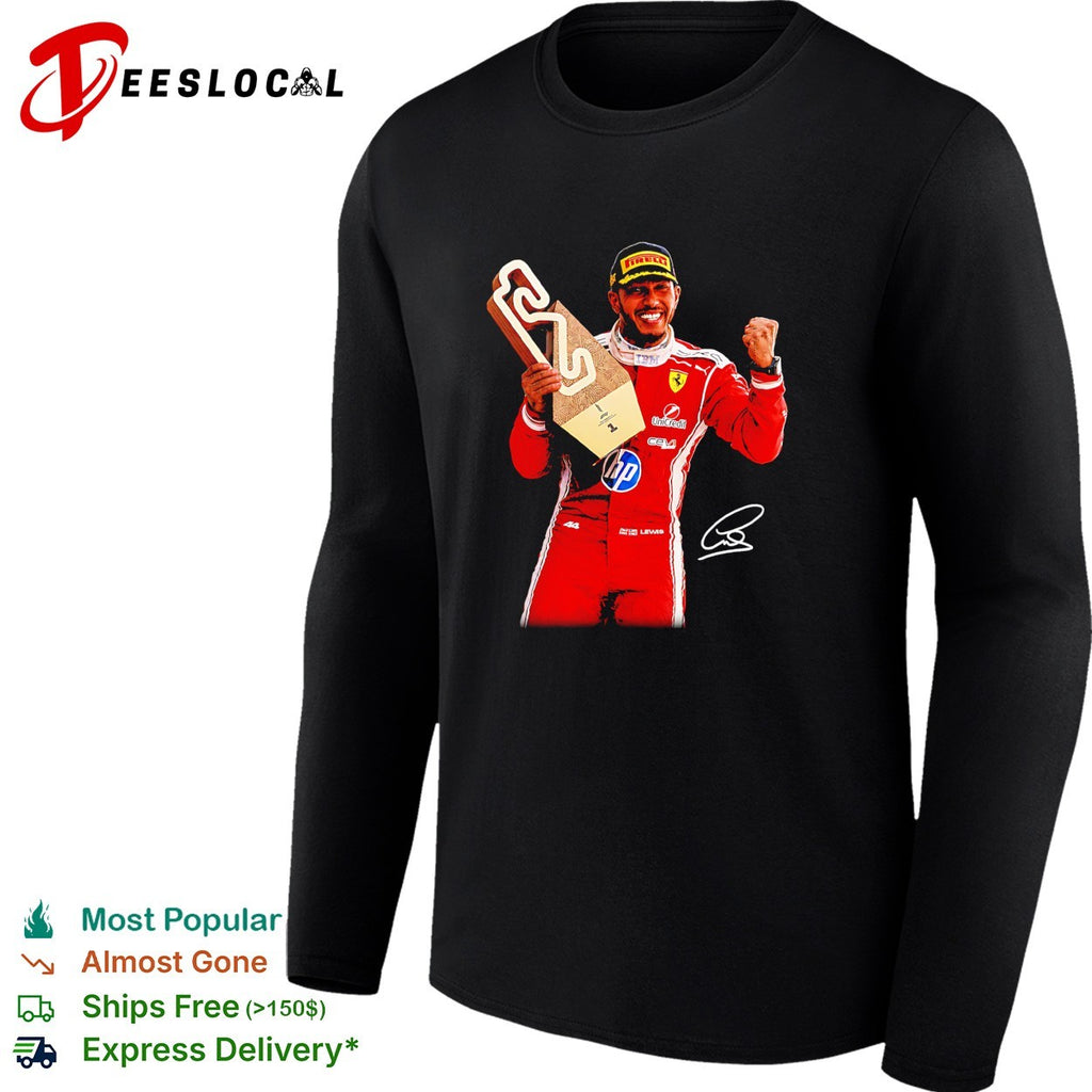 Lewis Hamilton Ferrari HP sponsor trophy podium triumphant moment photo art shirt