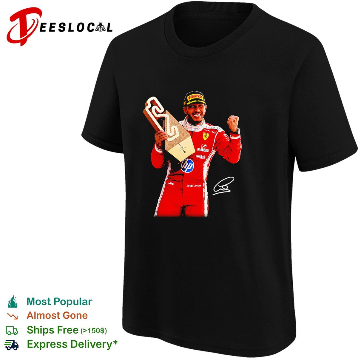 Lewis Hamilton Ferrari HP sponsor trophy podium triumphant moment photo art shirt