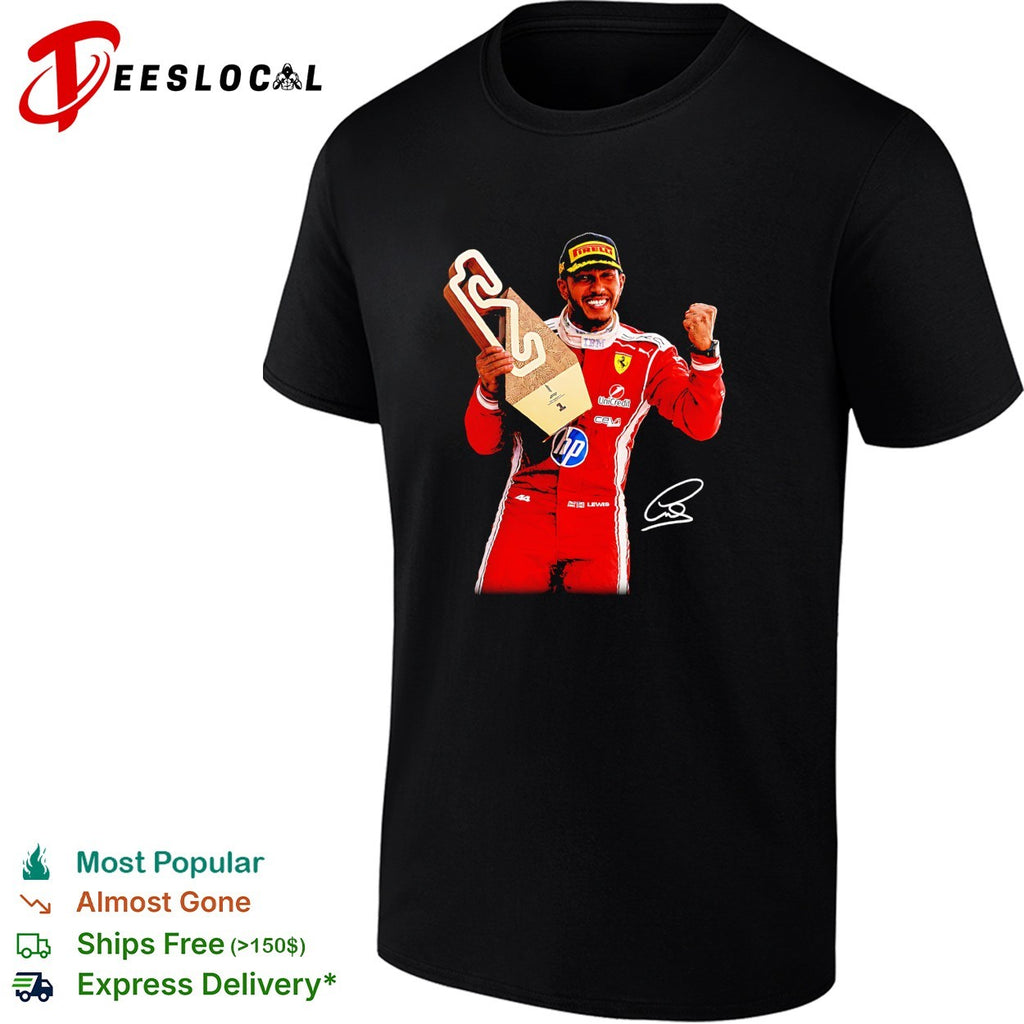 Lewis Hamilton Ferrari HP sponsor trophy podium triumphant moment photo art shirt