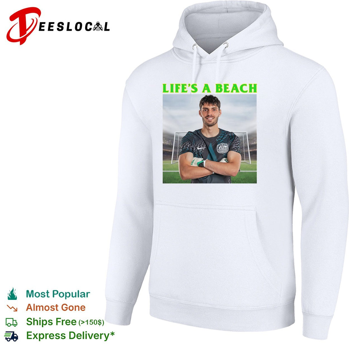 Life’s a beach soccer goalkeeper stadium arms crossed humor shirt
