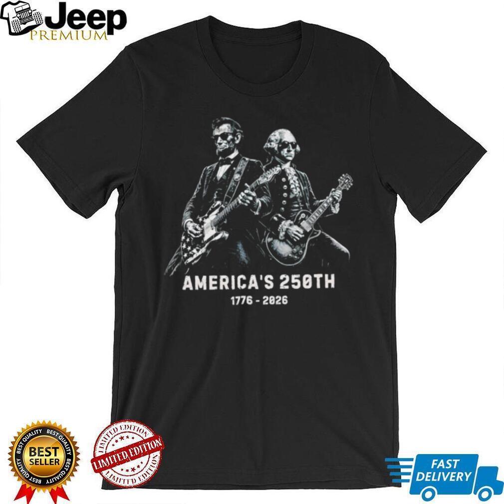 Lincoln and Washington playing guitars on America’s 250th 1776 2026 shirt