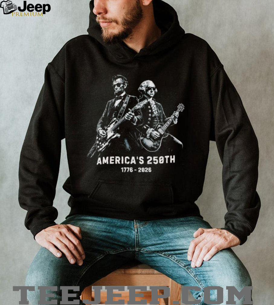 Lincoln and Washington playing guitars on America’s 250th 1776 2026 shirt