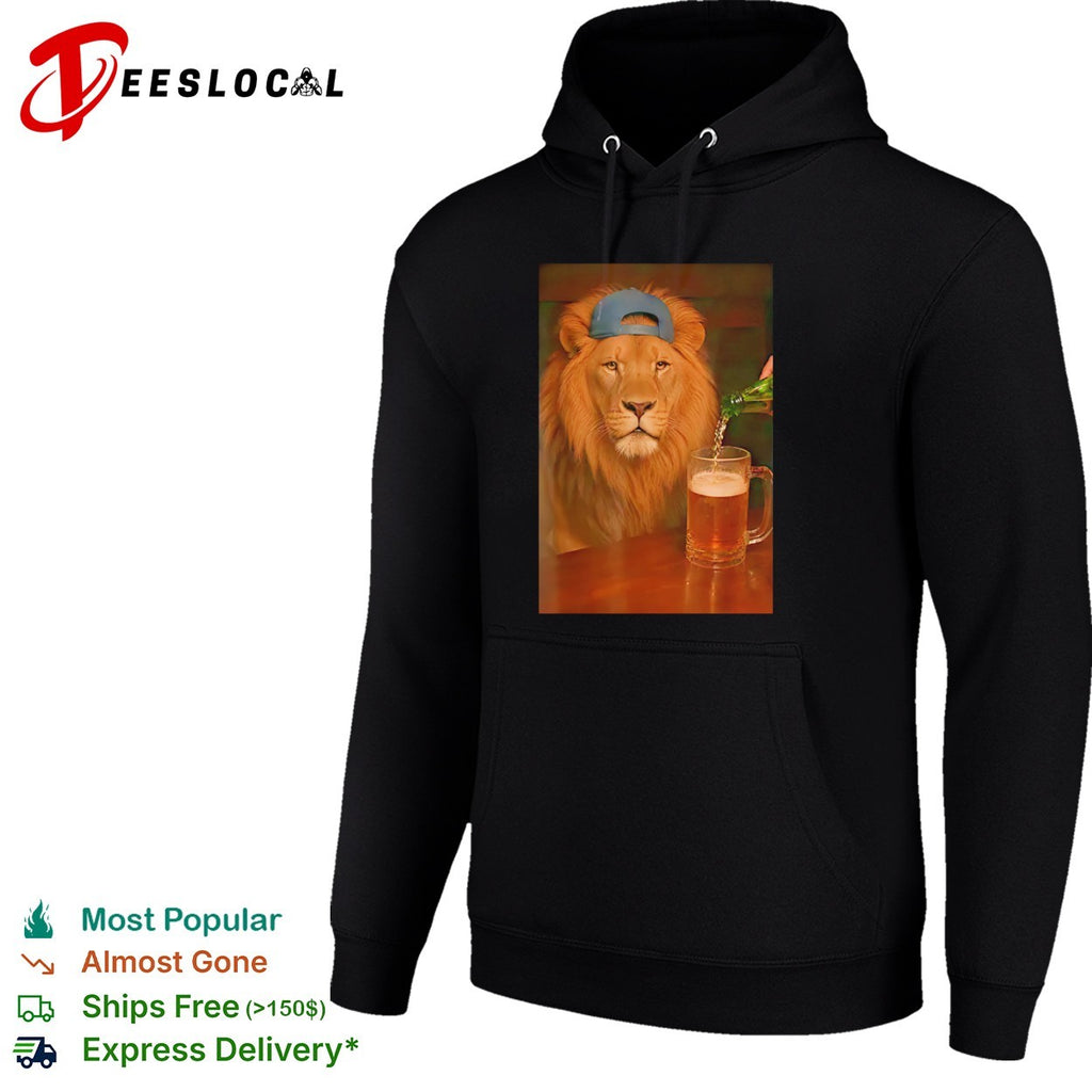 Lion wearing cap beer mug cool bar photo realism shirt