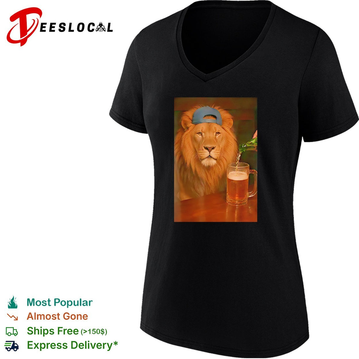 Lion wearing cap beer mug cool bar photo realism shirt