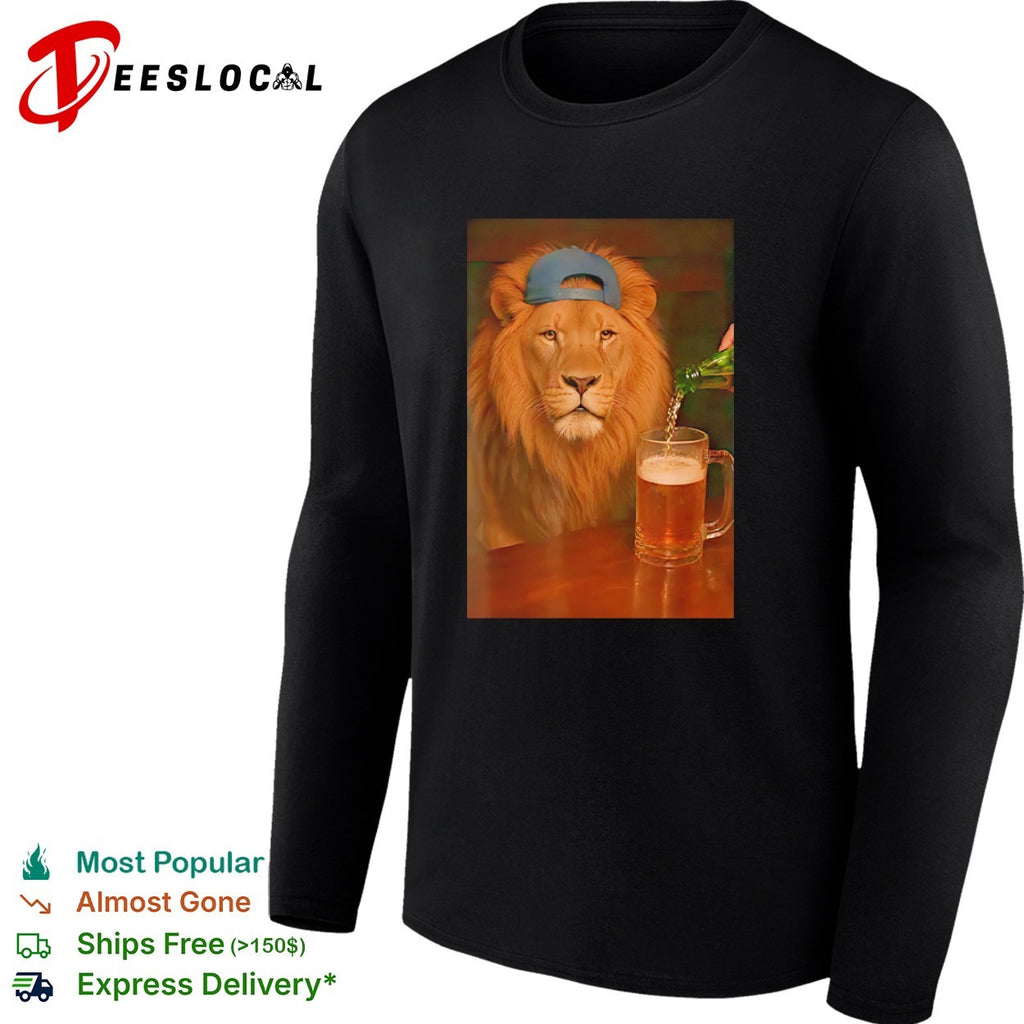 Lion wearing cap beer mug cool bar photo realism shirt