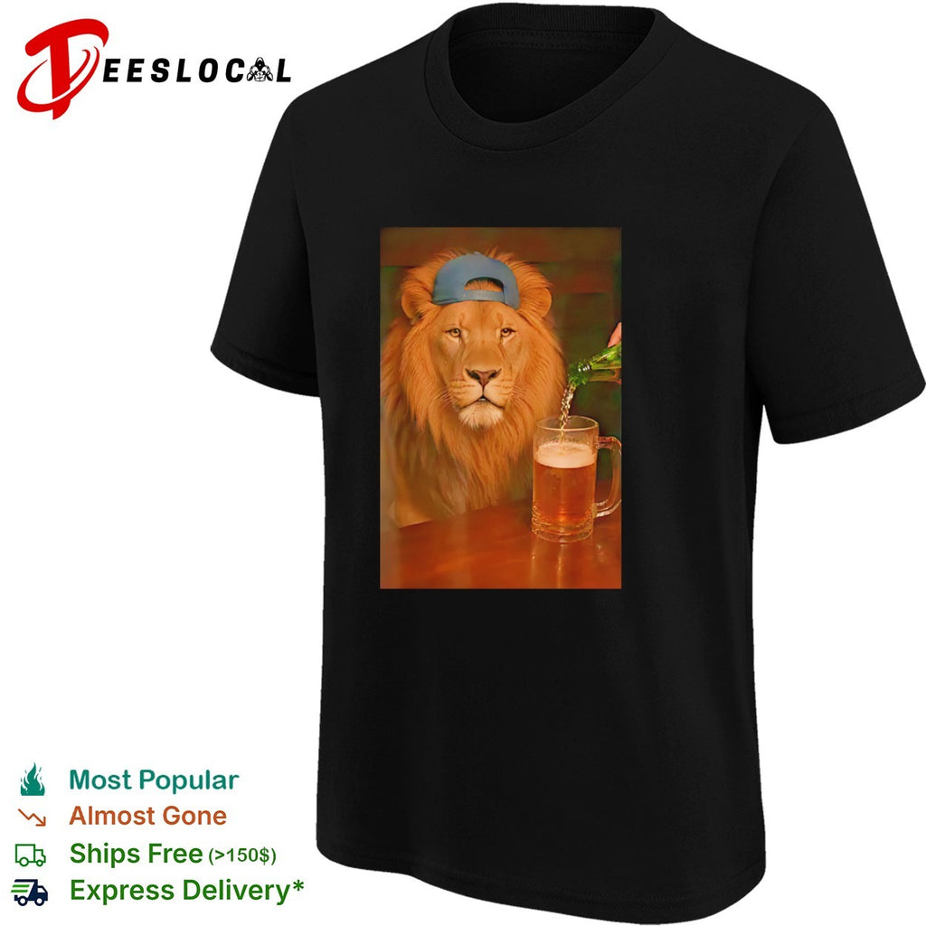 Lion wearing cap beer mug cool bar photo realism shirt