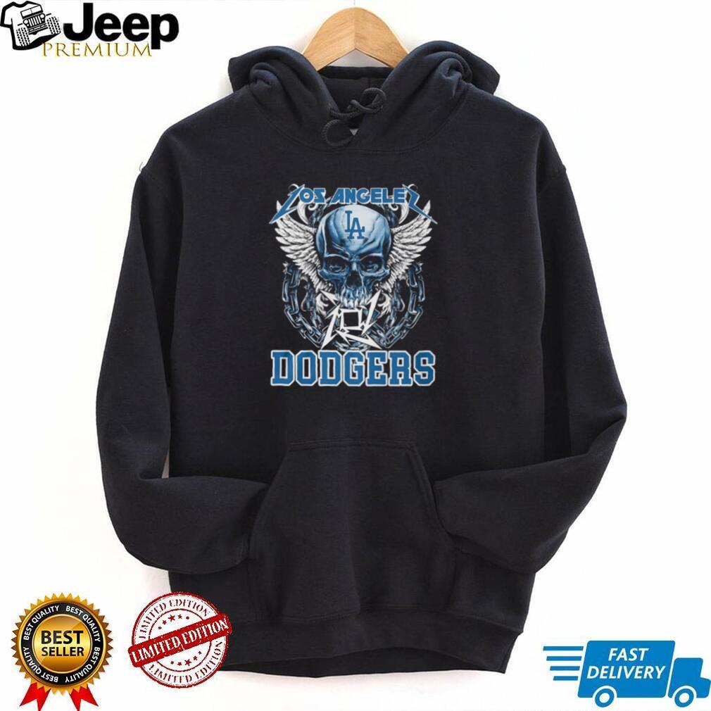 Los Angeles Dodgers Blue Skull With White Wings And Silver Chains T Shirt