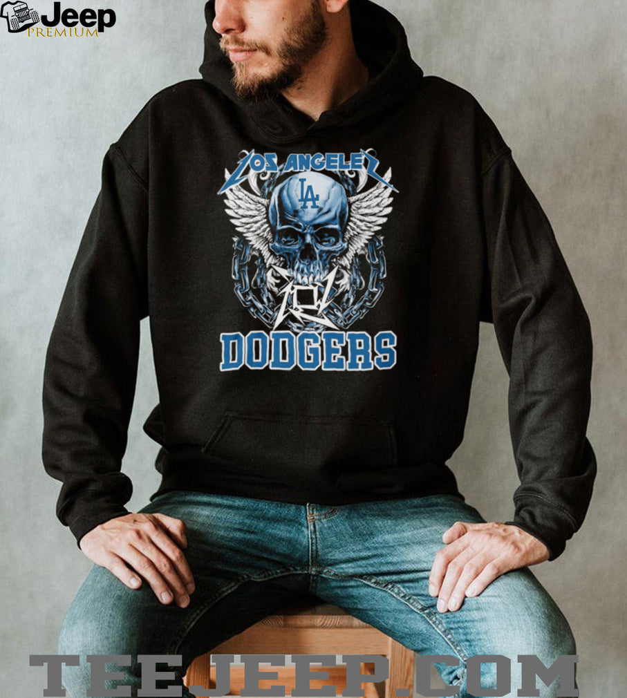 Los Angeles Dodgers Blue Skull With White Wings And Silver Chains T Shirt
