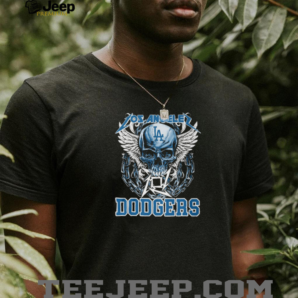 Los Angeles Dodgers Blue Skull With White Wings And Silver Chains T Shirt
