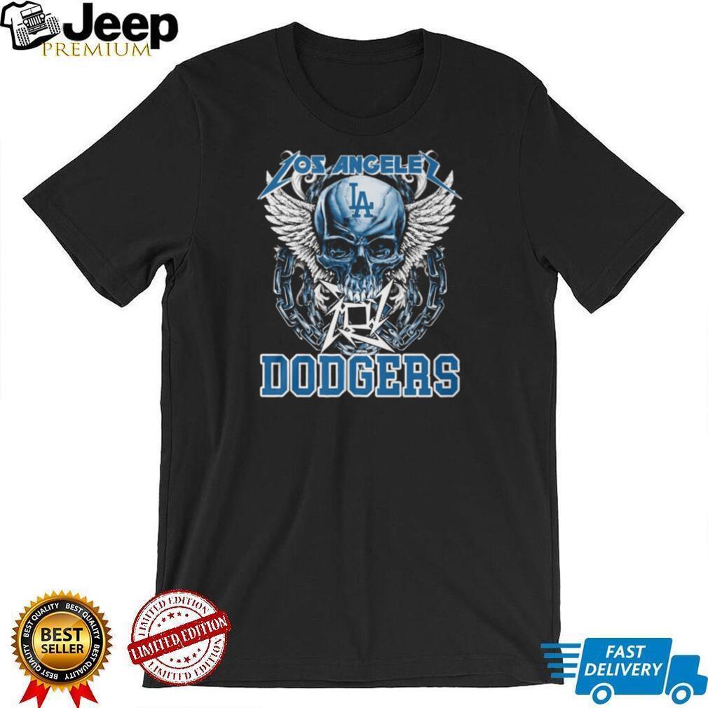 Los Angeles Dodgers Blue Skull With White Wings And Silver Chains T Shirt