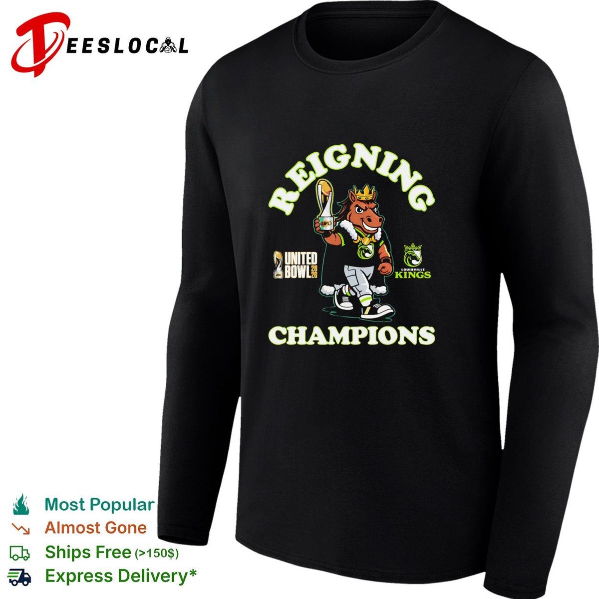 Louisville Kings UFL United Bowl 2026 reigning champions horse mascot trophy shirt
