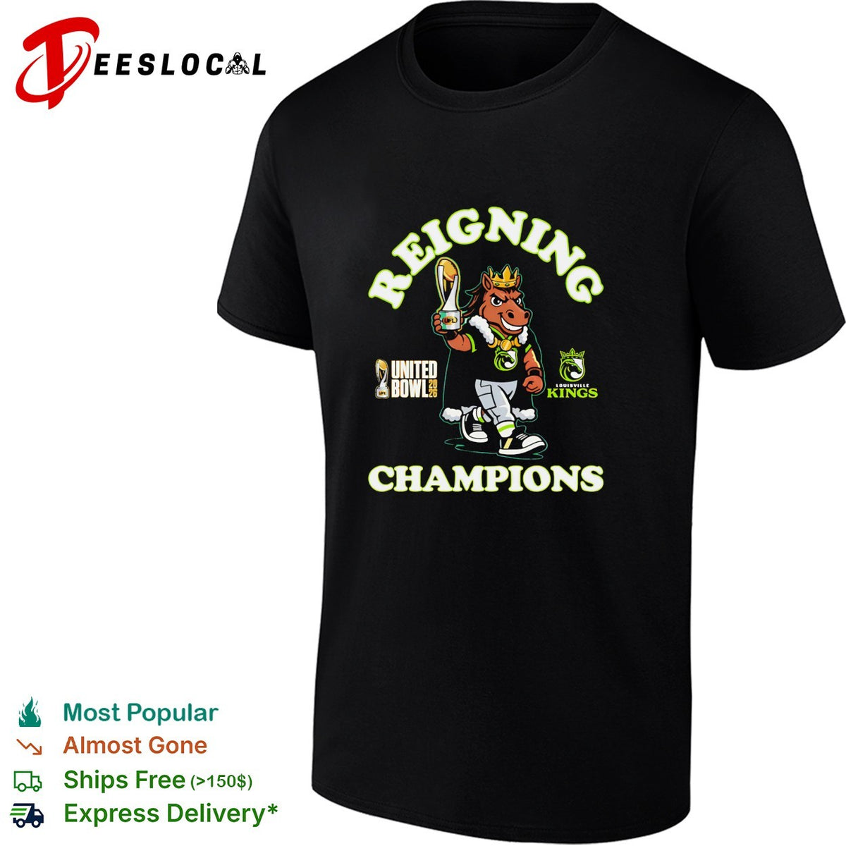 Louisville Kings UFL United Bowl 2026 reigning champions horse mascot trophy shirt