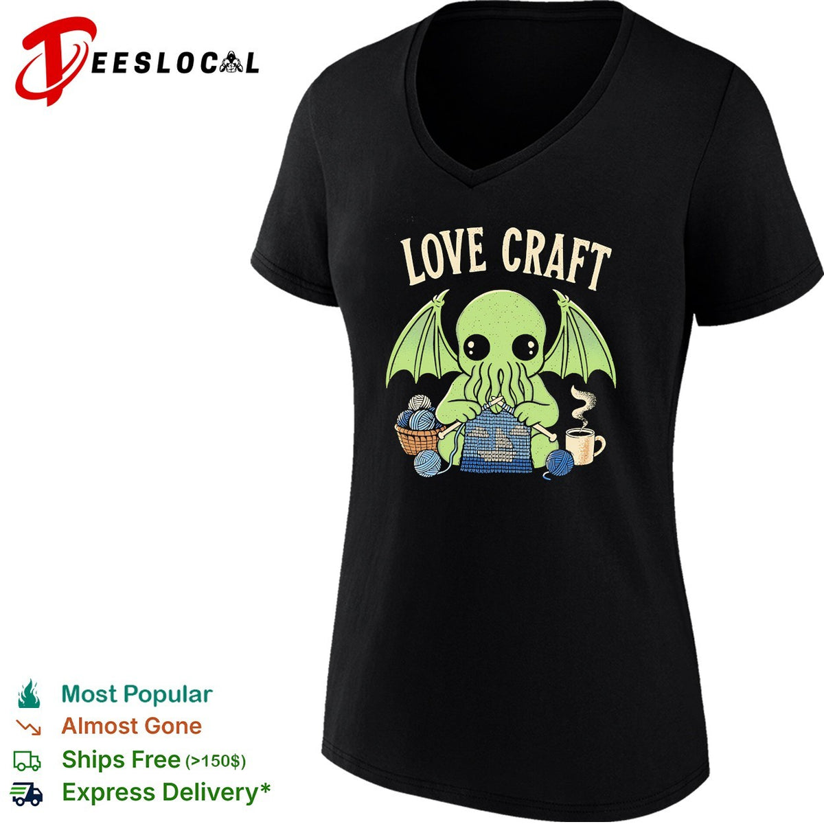 Love Craft Cthulhu Knitting Yarn Coffee Steam Parody Pop Culture Mythos Shirt