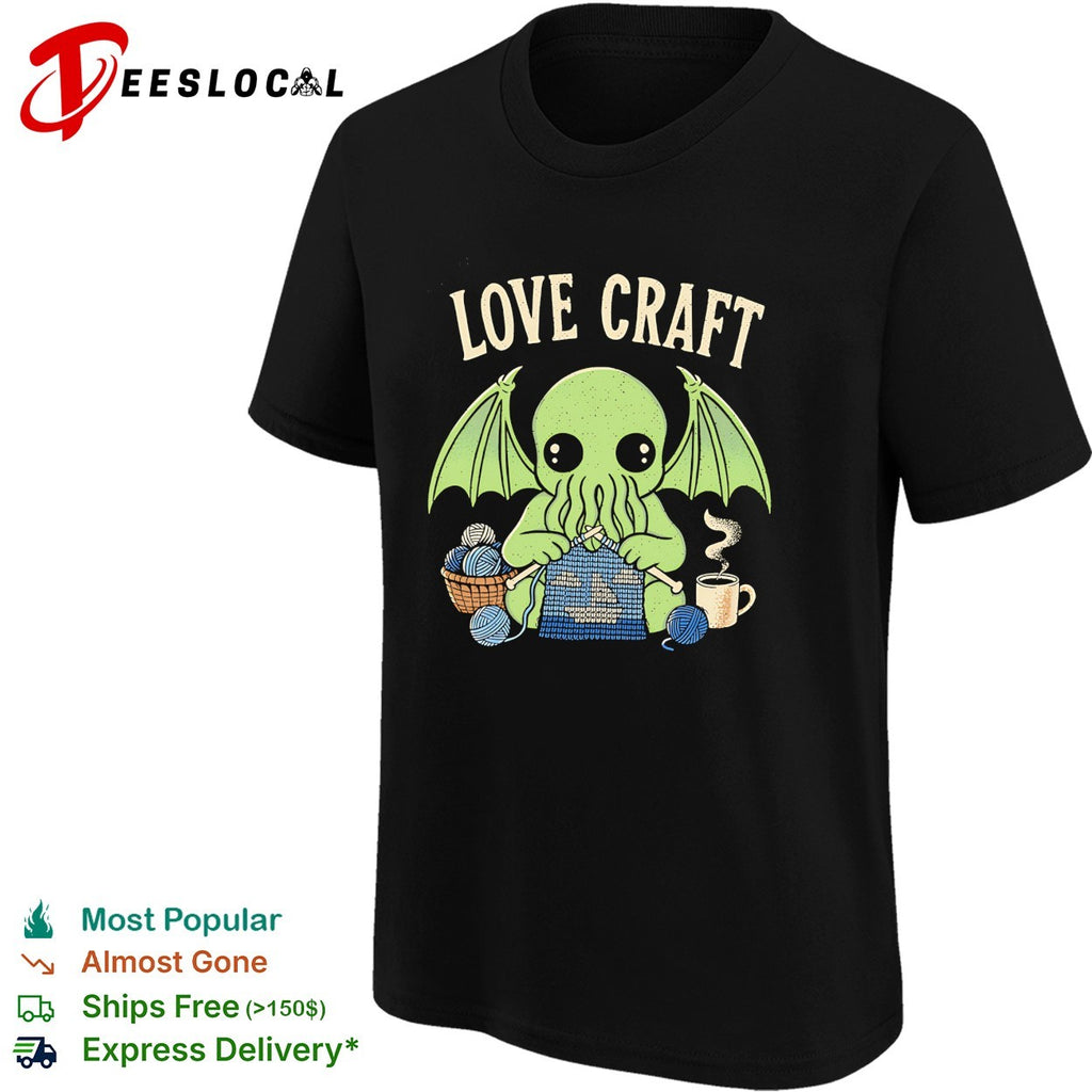 Love Craft Cthulhu Knitting Yarn Coffee Steam Parody Pop Culture Mythos Shirt