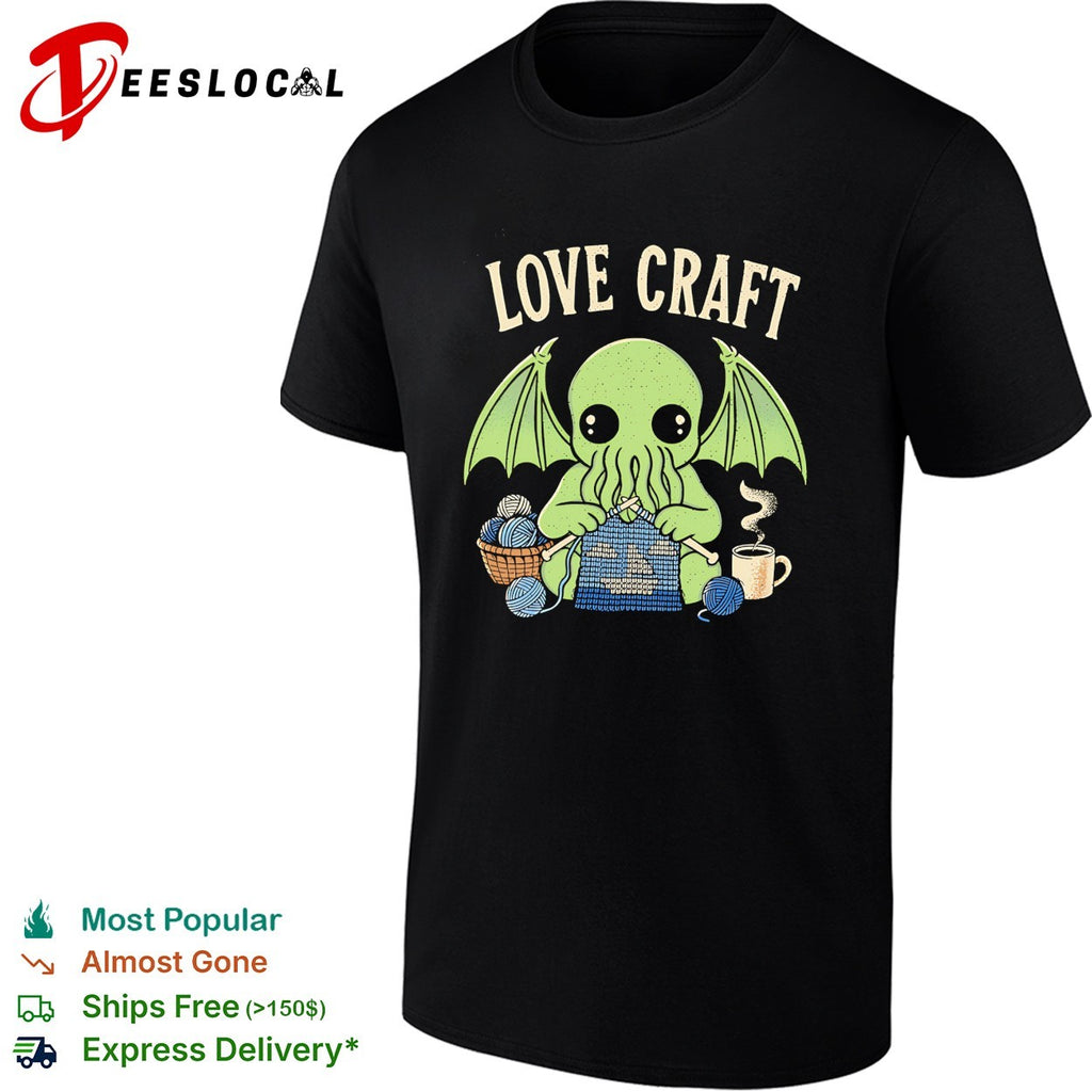 Love Craft Cthulhu Knitting Yarn Coffee Steam Parody Pop Culture Mythos Shirt