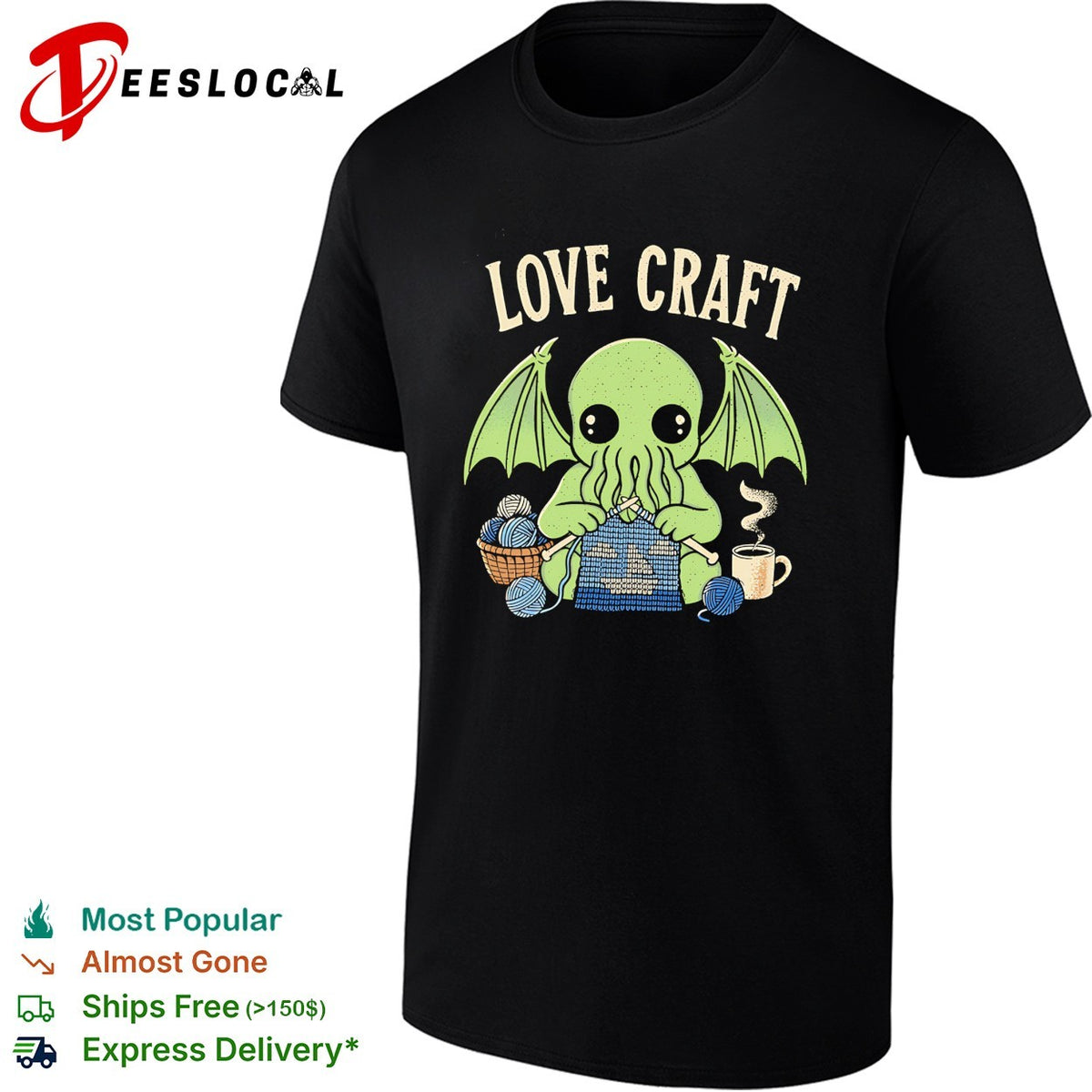 Love Craft Cthulhu Knitting Yarn Coffee Steam Parody Pop Culture Mythos Shirt