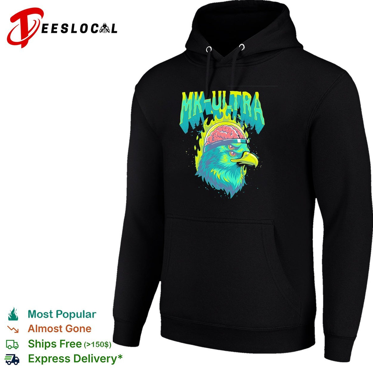 MKUltra green and yellow eagle with glowing brain illustration graphic shirt