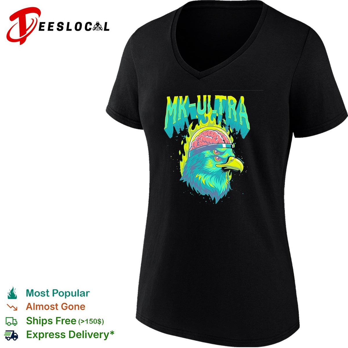MKUltra green and yellow eagle with glowing brain illustration graphic shirt