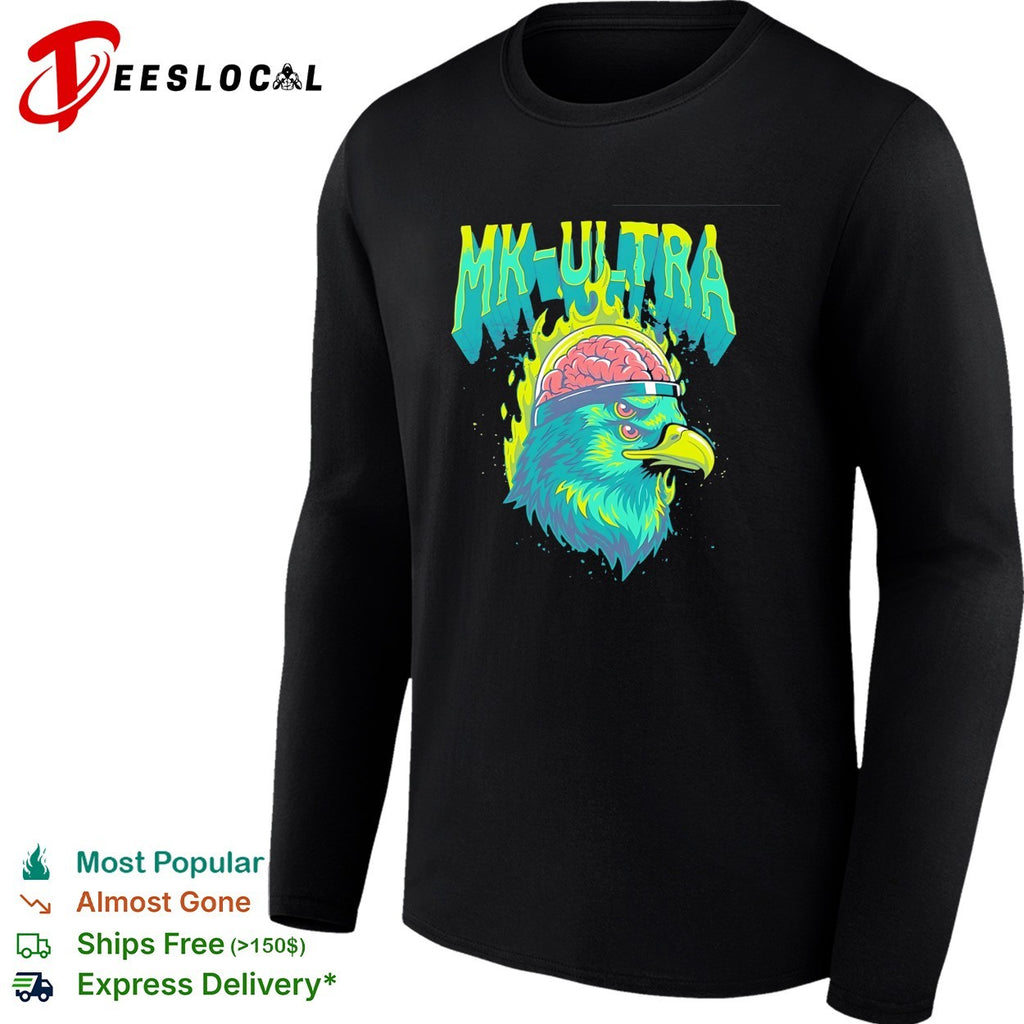 MKUltra green and yellow eagle with glowing brain illustration graphic shirt