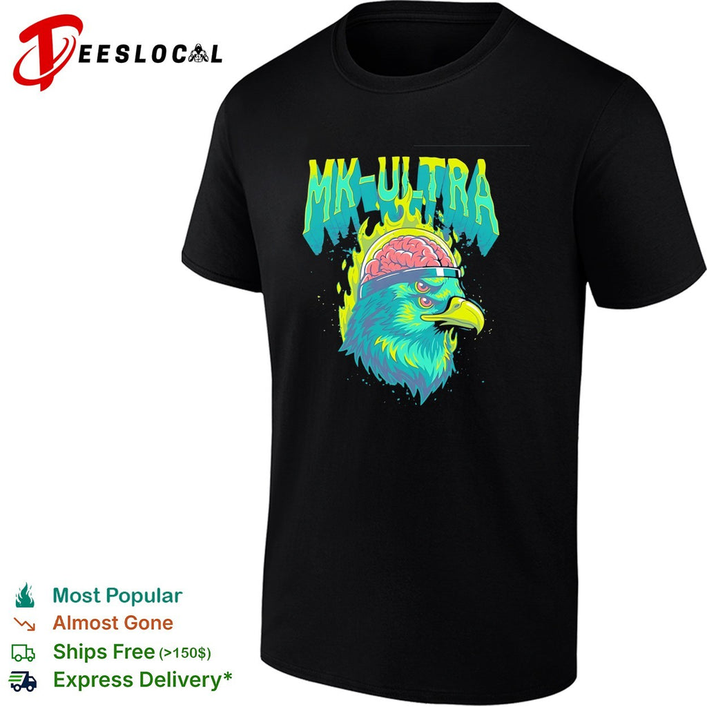 MKUltra green and yellow eagle with glowing brain illustration graphic shirt