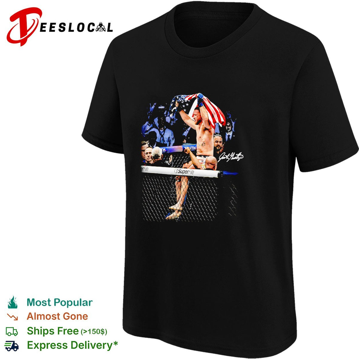 MMA fighter USA flag cage match victory celebration signature photo art shirt